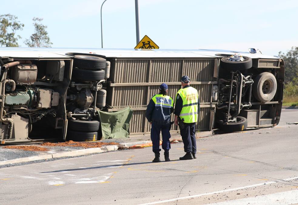 The scene of the bus crash on the Wine Country Drive roundabout. Picture by Peter Lorimer