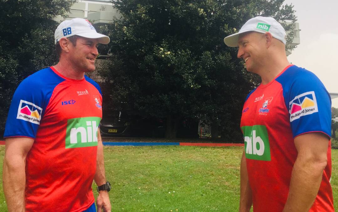 Hard-nosed: New Knights assistant coach Kristian Woolf [with coach Nathan Brown] has promised some defensive changes and has already made an impression on the playing group.