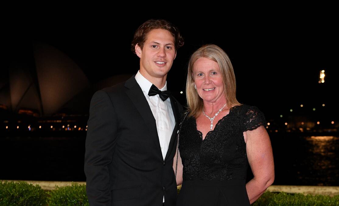 Pipped: Newcastle Knights star Kalyn Ponga and his mother Adine pictured at the Dally M Medal awards where he was narrowly beaten for the top gong by Warriors fullback Roger Tuivasa-Sheck. Picture: AAP.