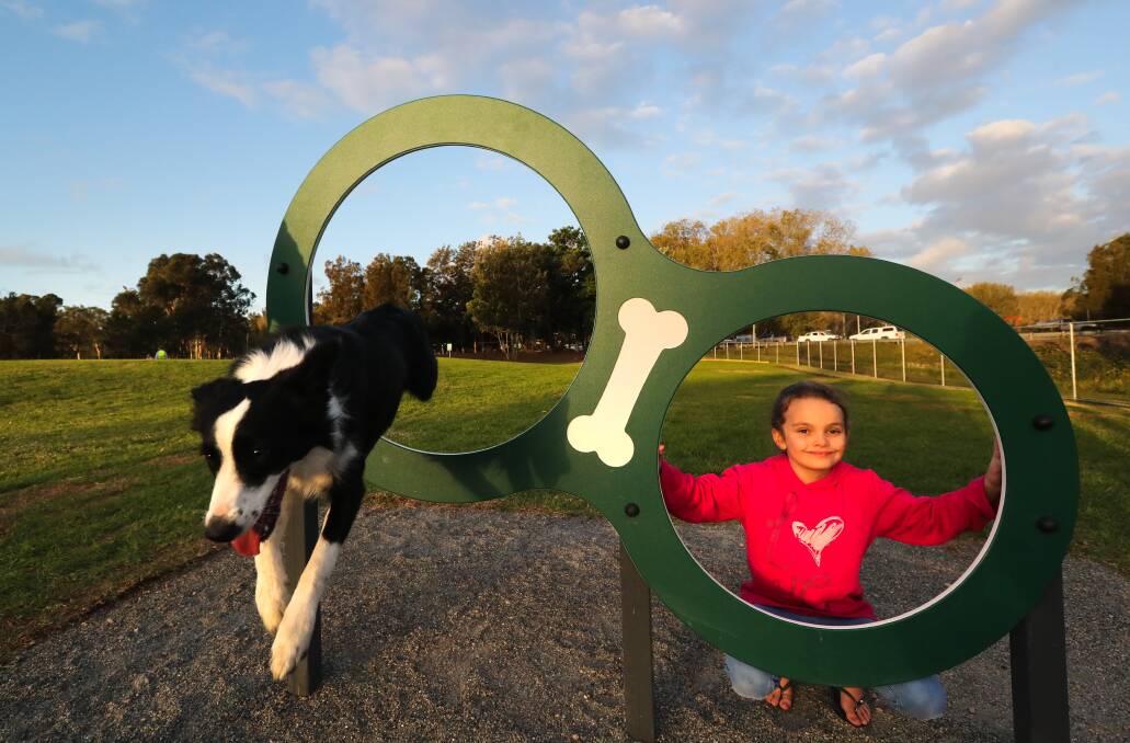 Furry fun: Olivia Barnes, 8, with Luna the border collie at Lake Macquarie's first fenced dog exercise area, which opened in Speers Point in May. Pictures: Jonathan Carroll