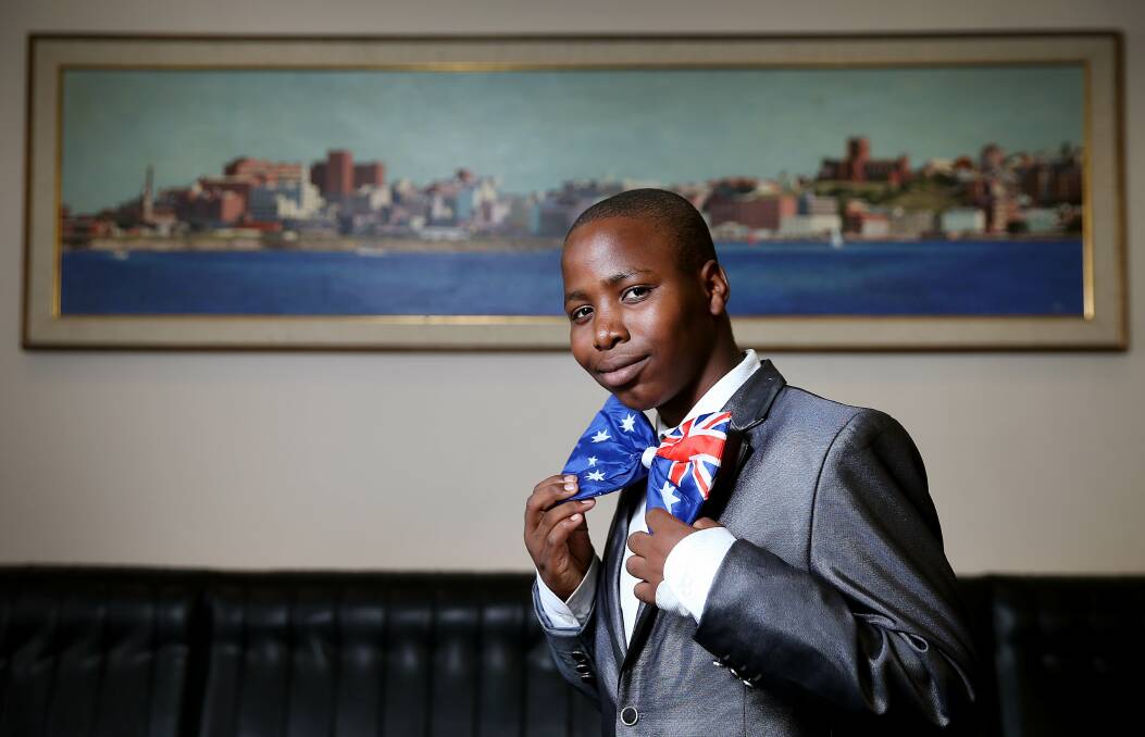 The future is bright: Karungu Tubaleke from Shortland will start year seven at Callaghan College Waratah this year. He said gaining citizenship was "pretty good, because you've got more options". Pictures: Marina Neil
