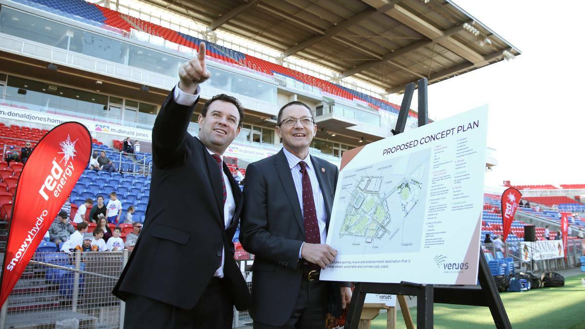 Sports Minister Stuart Ayres and Parliamentary Secreatary for the Hunter Scot MacDonald unveil the draft Broadmeadow concept plan last year. Picture: Marina Neil