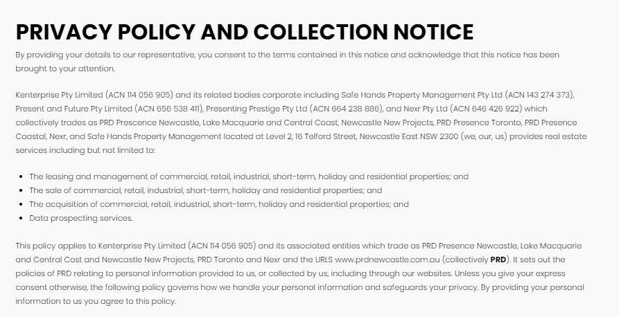 Part of PRD's latest Privacy policy and collection notice. 
