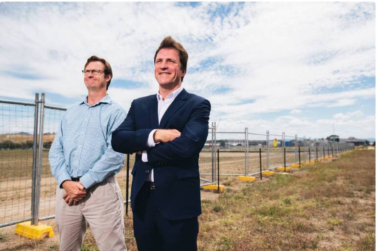 GRAND PLANS: IGE's then technical director Bevan Dooley and managing director Stuart Clark at the site of the proposed plastics-to-fuel factory in Canberra in 2018.
