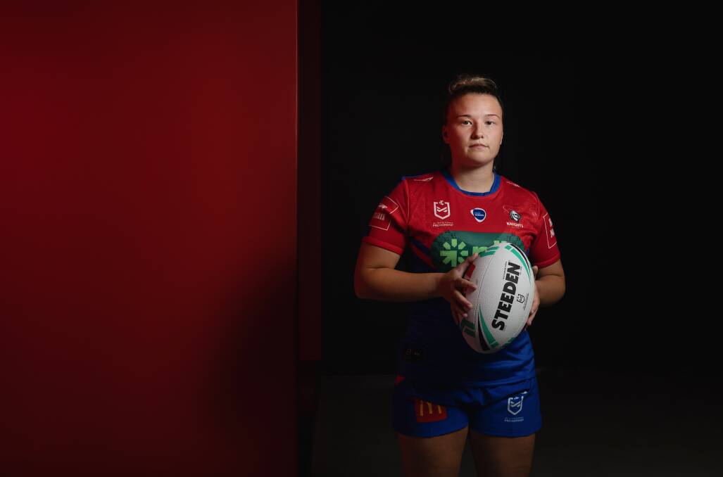 Knights recruit Georgia Roche in Newcastle on Wednesday ahead of her maiden NRLW campaign. The English international signed a five-year deal at the club. Picture by Marina Neil