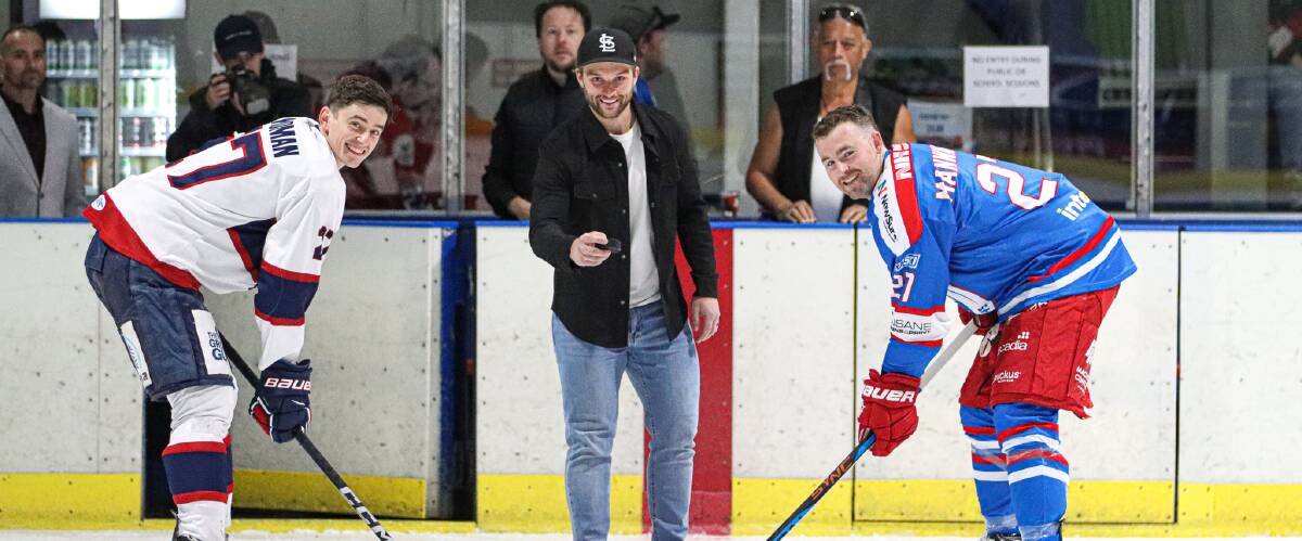 Aussie NHL star Nathan Walker performing the puck drop for Northstars v Perth at Hunter Ice Skating Stadium on Saturday. Picture by Jess Fuller