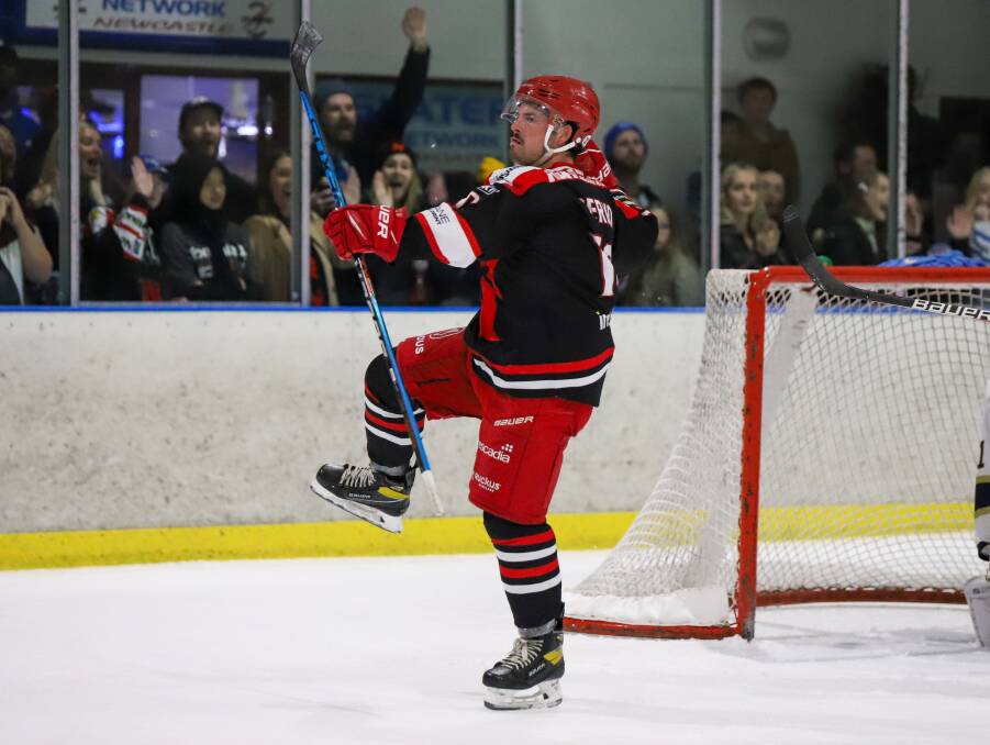 Berno celebrates a goal at Hunter Ice Skating Stadium. Picture by Jamison O'Malley