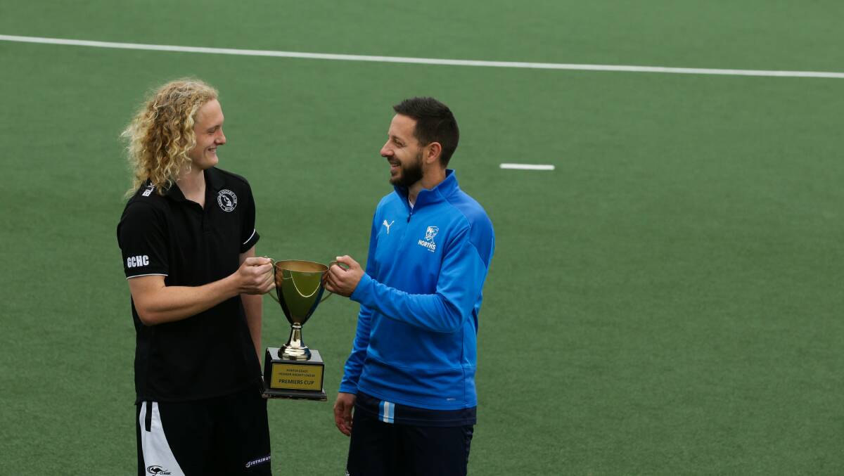 Gosford's Isaac Drennan and Norths' Theo Gruschka ahead of the men's Hunter Coast Premier Hockey League grand final at Newcastle International Hockey Centre on Saturday. Picture by Jonathan Carroll.