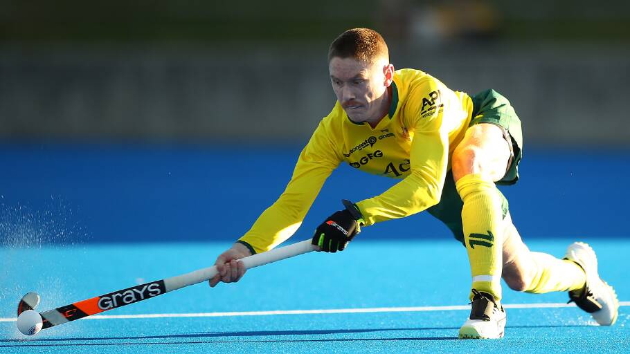 Matthew Dawson playing his 200th Test for the Kookaburras. Picture from Hockey Australia