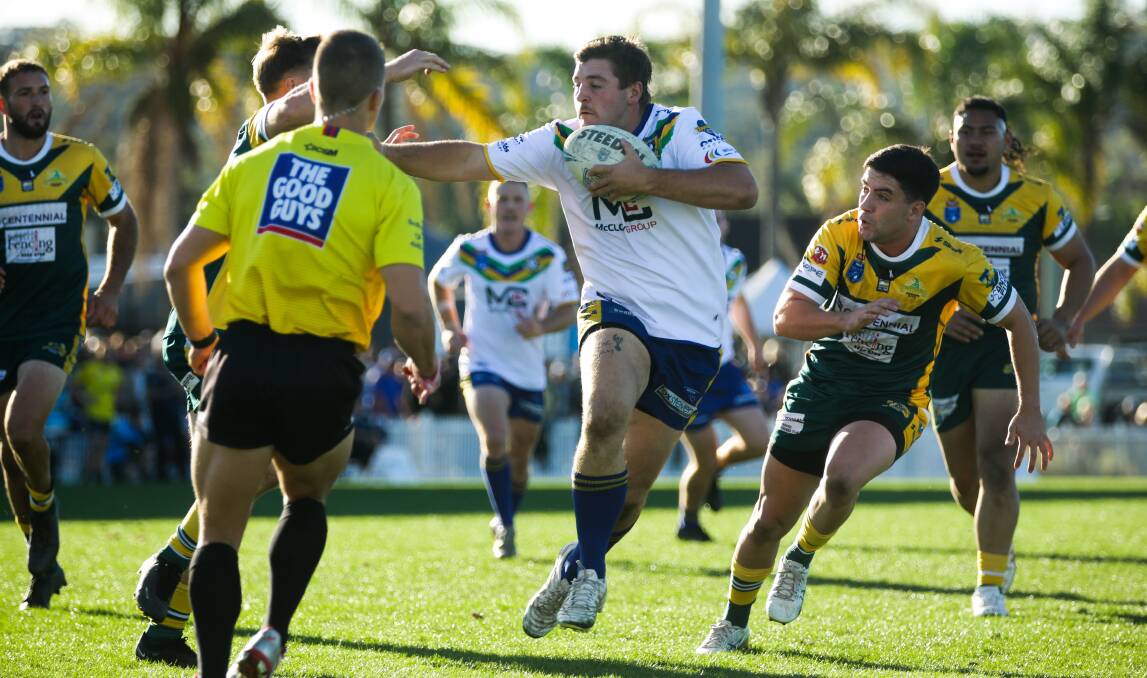 Lakes prop Jake O'Meley en route to scoring his first try of the Newcastle Rugby League season, crossing against Macquarie at Cahill Oval on May 27. Picture by Jonathan Carroll
