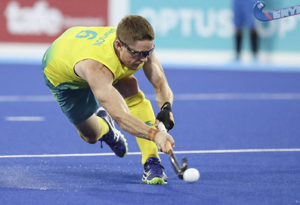 RECOVERY: Norths hockey player Matt Dawson sporting protective eyewear while in action for the Australian men's hockey team at the 2018 Gold Coast Commonwealth Games. Picture: Grant Treeby via @Kookaburras on Twitter