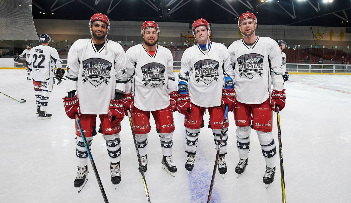 QUARTET: Newcastle Northstars players Sammy Banga, Francis Drolet, Bert Malloy and Shane Southwood in Sydney on Saturday for the annual Australian Ice Hockey League all stars fixture. Picture: PowerPlay Photographics