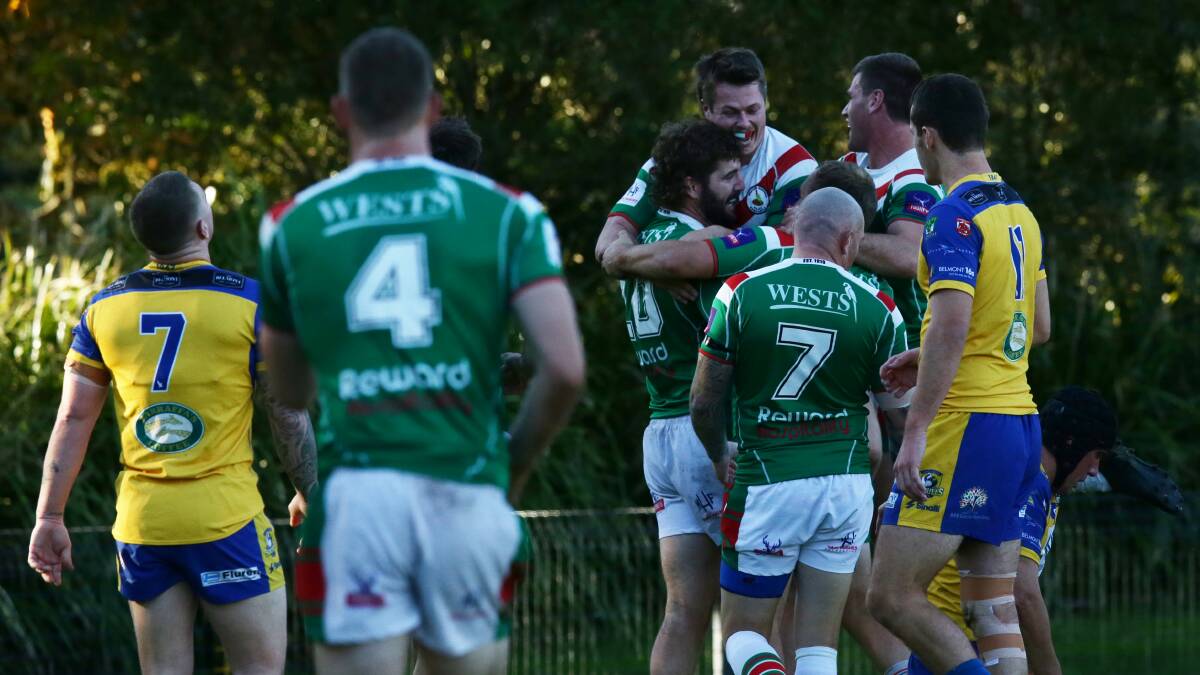 Wests celebrate a Newcastle RL try at Harker Oval recently. Picture by Simone De Peak