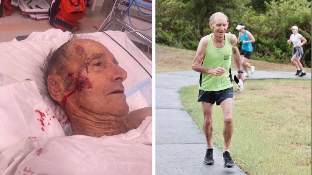 Swansea resident John Mclain in hospital (left) after the incident and doing what he loves most (right). Pictures supplied 