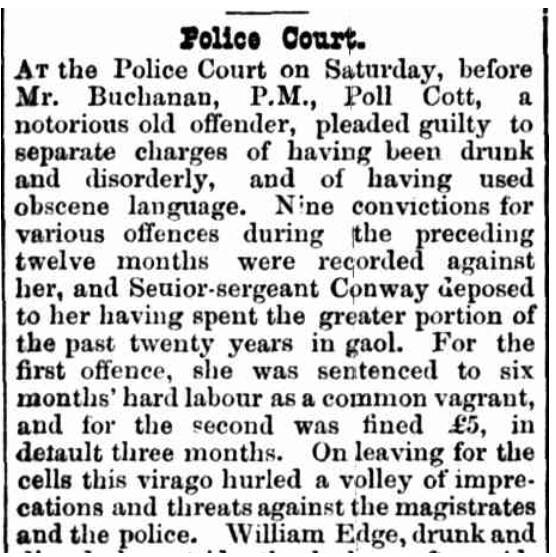 A Newcastle Morning Herald and Miners Advocate article published Monday, April 19 1880 about Poll Cott. 