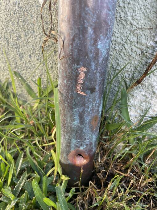 A copper pipe that was damaged when someone attempted to steal it at Chapman Oval. Picture supplied 