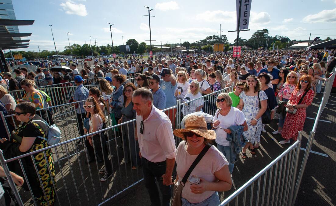 Thousands lined up at McDonald Jones Stadium for the Elton John concert in January. Picture by Marina Neil.