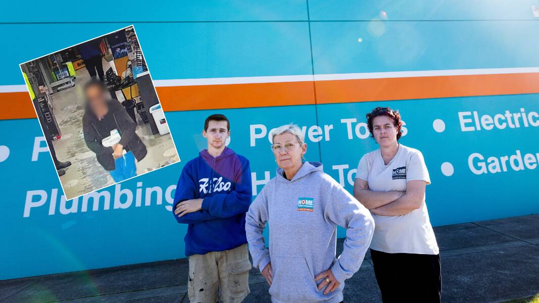 From left, Blacksmiths Home Timber and Hardware staff Kaelan Bell, Karen Fuller and Sarah Leadbeatter are unimpressed after a man, inset, stole the NSW Marine Rescue donation tin. Main picture by Jonathan Carroll