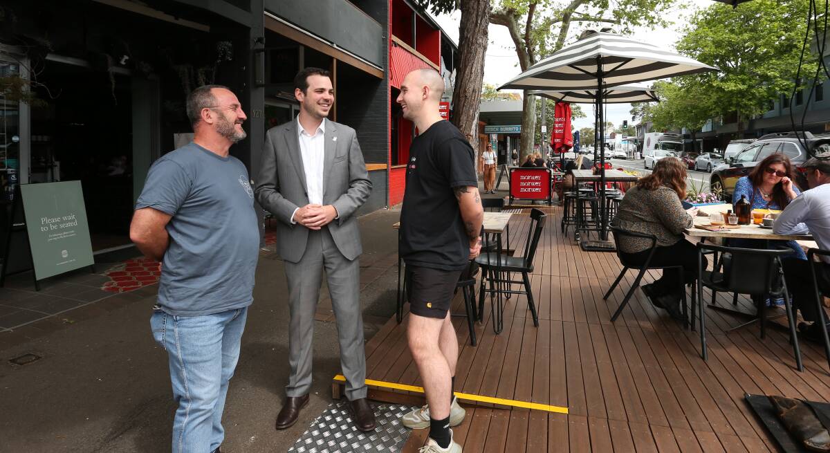 3 Monkeys co-owner Anthony Strachan, City of Newcastle deputy lord mayor Declan Clausen and Autumn Rooms manager Taylor Schneider in September. Picture by Simone De Peak.