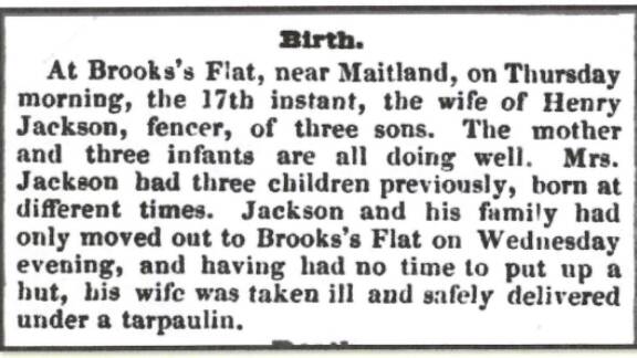 An article from The Maitland Mercury and Hunter River General Advertiser about Rachael Atkinson, the first white woman in the colony to have triplets. Published Saturday July 19, 1845.