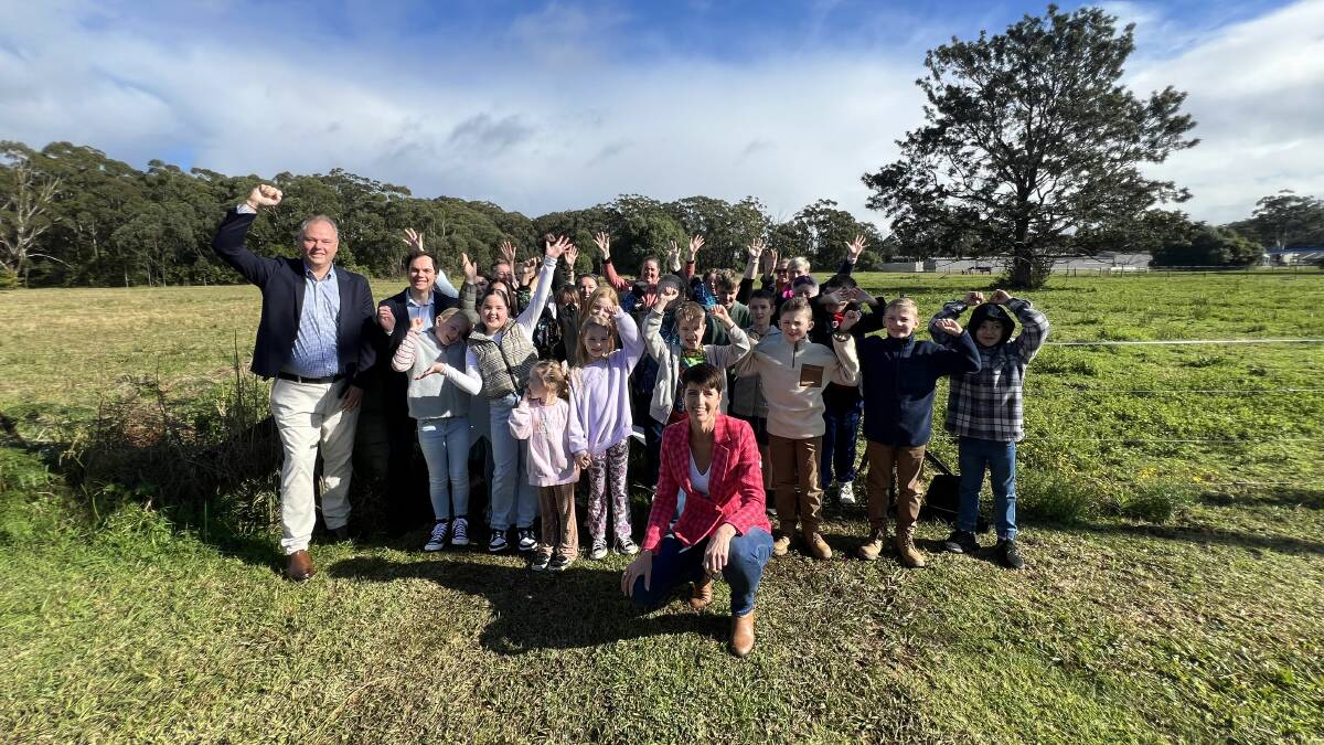 Port Stephens Council councillors Jason Wells and Giacomo Arnott with local MP Kate Washington and Medowie families at the site announcement on Sunday. Picture supplied 