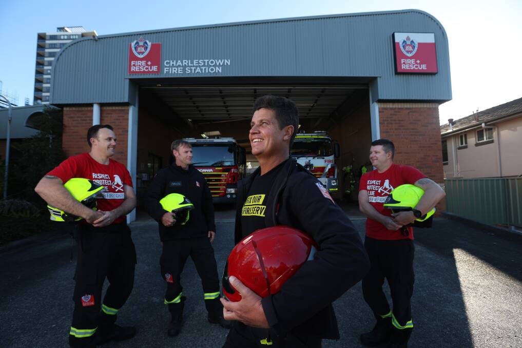 From left firefighters Matthew Redfern, Peter Weir, Station Commander Boyd Conrick, and Thomas Freeman out the front of Charlestown Fire Station. Picture by Simone De Peak 
