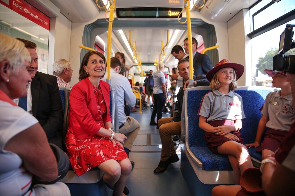 Then NSW Premier Gladys Berejiklian rides the Newcastle light rail after a ribbon cutting ceremony in Newcastle East in February 2019. Picture by Marina Neil