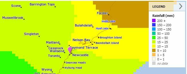 THURSDAY: Tomorrow's rain forecast map puts most of the Hunter, bar Port Stephens, in a band expecting between 15mm and 25mm of rainfall. Port Stephens can expect 10 to 15mm, according to the prediction. Picture: Bureau of Meteorology