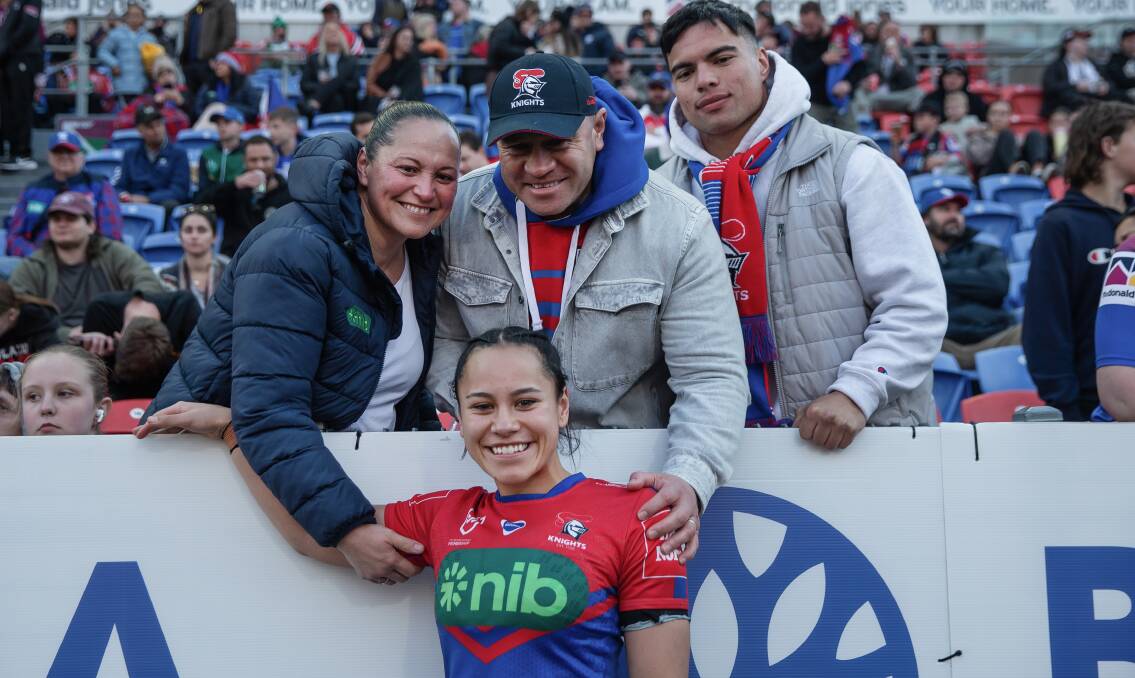 Abigail Roache with mum Marlene, dad Gerwin and partner Jesse Pascoe after her NRLW debut with the Knights at McDonald Jones Stadium on Saturday. Picture by Marina Neil