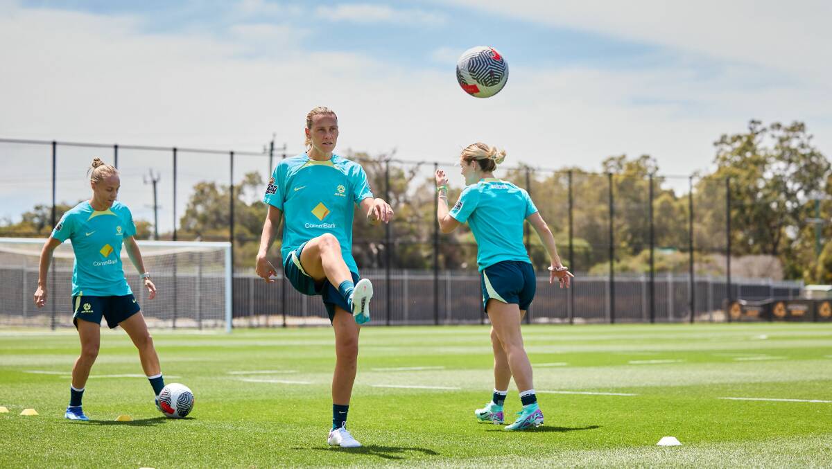Newcastle's Emily van Egmond trains in Perth on Monday. Picture by Rachel Bach/Football Australia