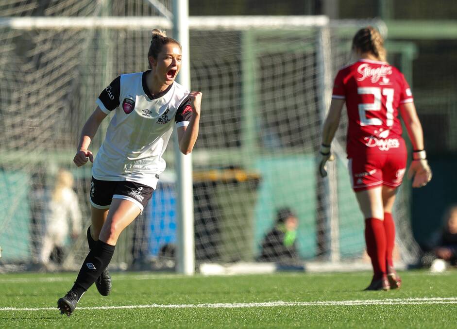 Maitland captain Sophie Stapleford celebrates a goal during the 2021 NNSWF Women's State Cup at Speers Point. Picture by Max Mason-Hubers