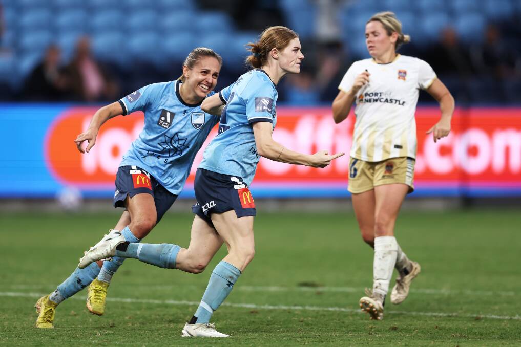 Mackenzie Hawkesby, left, and Cortnee Vine both scored match doubles for Sydney FC against Newcastle at Allianz Stadium on Saturday. Picture Getty Images