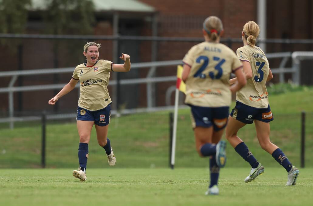 Jets captain Cassidy Davis celebrates scoring her first ever A-League goal and the winner against Wellington at No.2 Sportsground on Saturday. Picture Getty Images