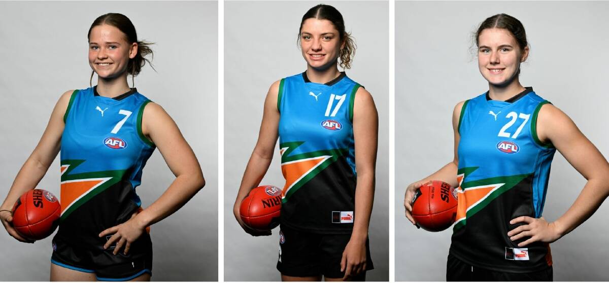 Newcastle AFL products Holly Cooper, Asha Turner Funk and Marnie Robinson. Pictures by Nigel Owen