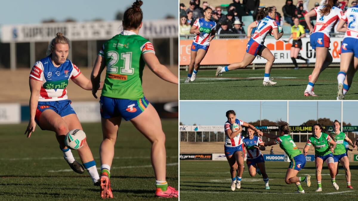 Action between the Newcastle Knights and Canberra Raiders in an NRLW trial match at Wagga Wagga on July 6, 2024. Pictures by Bernard Humphreys