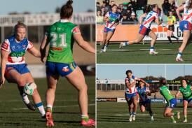 Knights five-eighth Georgia Roche (main) plus development players Lilly-Ann White (top right) and Evah McEwen (bottom right) in action against Canberra in an NRLW trial at Wagga Wagga on July 6. Pictures by Bernard Humphreys