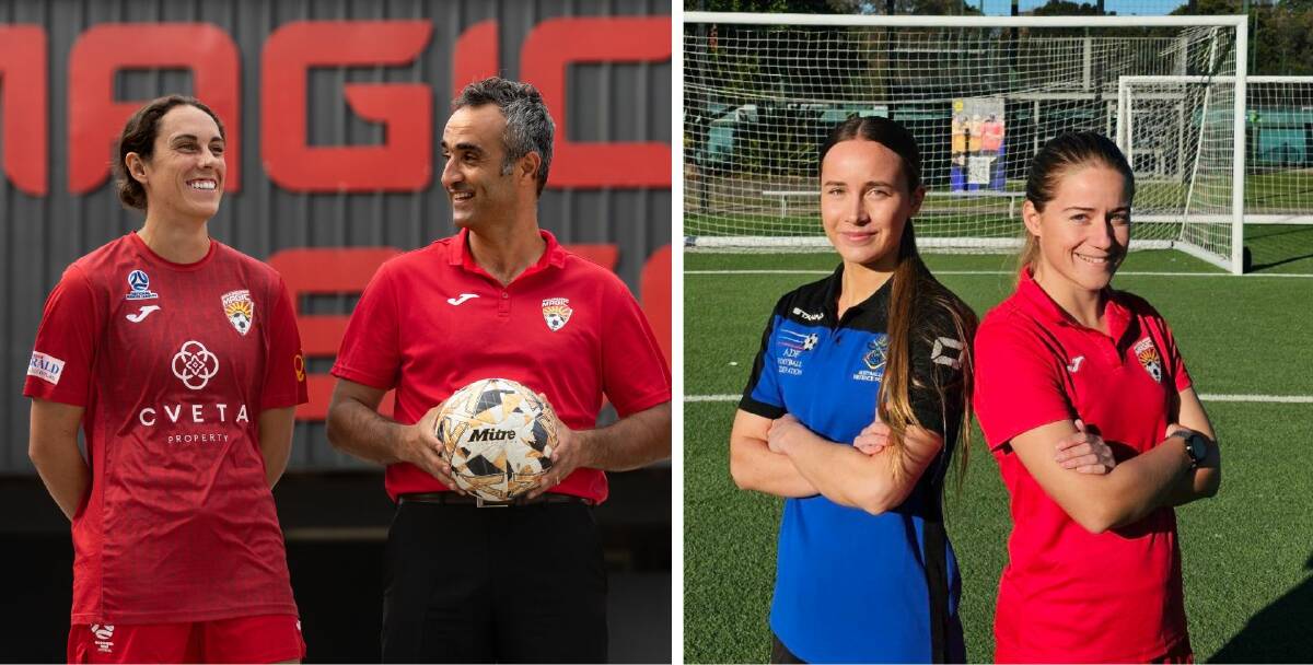 Broadmeadow NPLW coach Nima Nikfarjam with Magic centre-back Madi Gallegos (left); NPLW players Nina Collins (New Lambton) and Aimee Parsons (Magic) are in the ADF women's side to play Broadmeadow in a friendly on Wednesday night.
