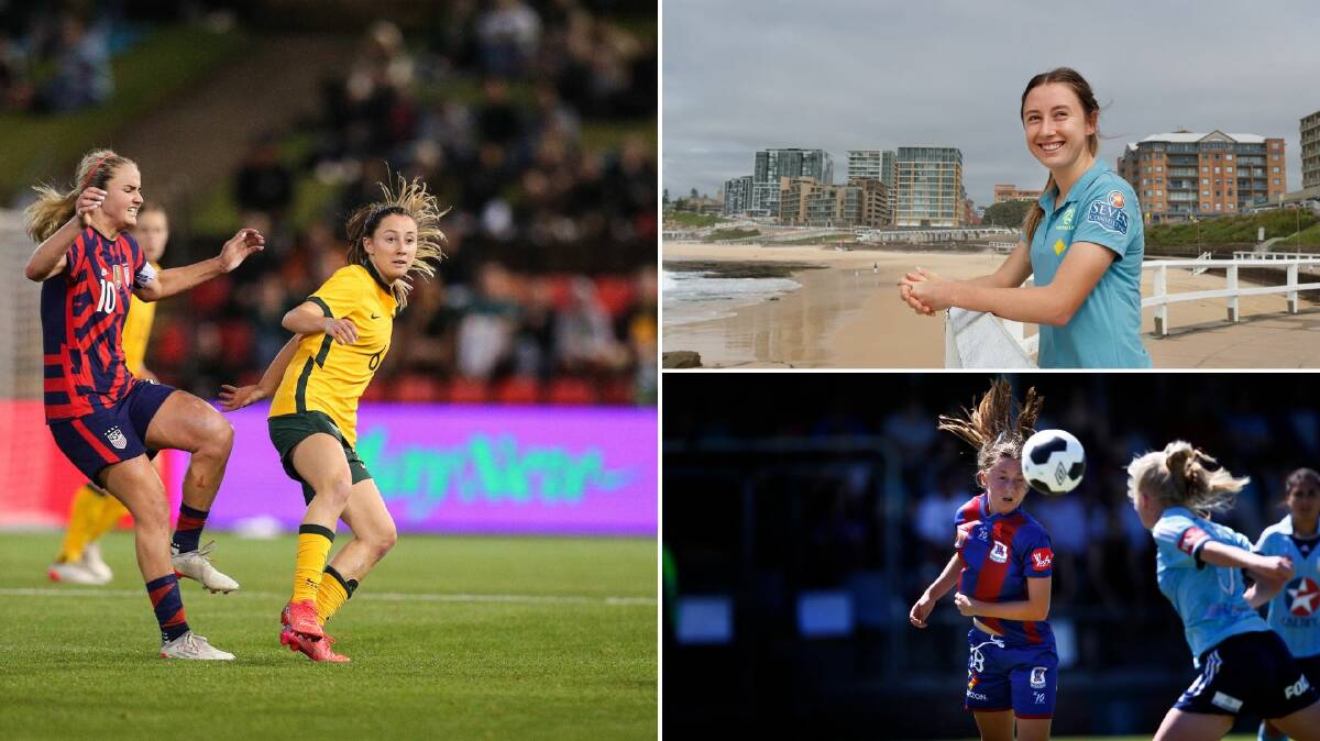 Clare Wheeler in action for the Matildas in Newcastle in 2021 (main); Clare Wheeler at home overlooking Newcastle beach in 2021 (top right); and a young Clare Wheeler in her first W-League season with the Jets in 2014 (bottom right). Pictures by Max Mason-Hubers and Marina Neil