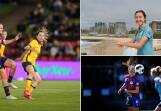 Clare Wheeler in action for the Matildas in Newcastle in 2021 (main); Clare Wheeler at home overlooking Newcastle beach in 2021 (top right); and a young Clare Wheeler in her first W-League season with the Jets in 2014 (bottom right). Pictures by Max Mason-Hubers and Marina Neil