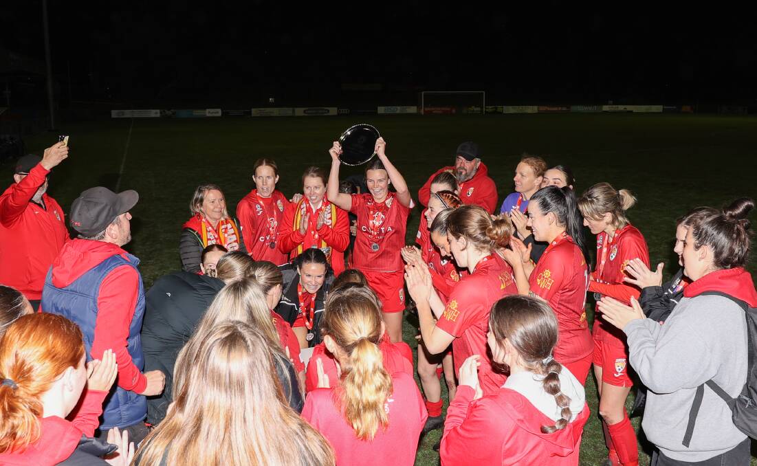 Broadmeadow captain Kalista Hunter with the NPLW Northern NSW Premiers Plate last Friday night. Picture by Michael Ying Sing