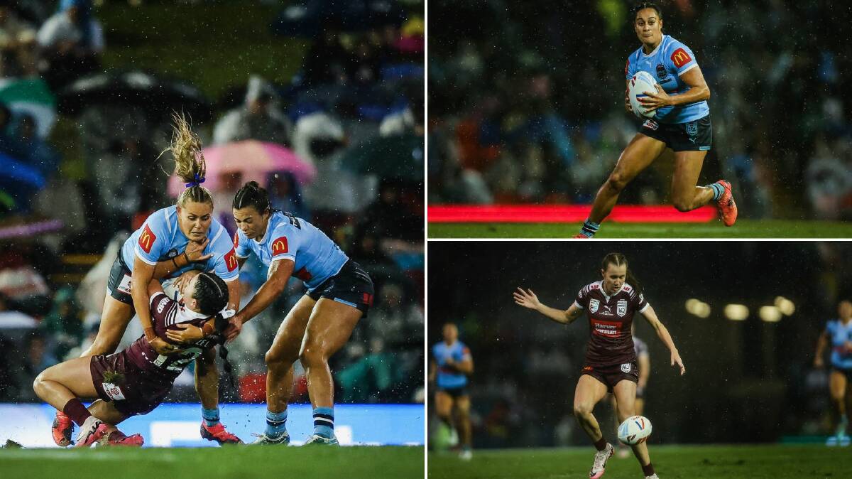 NSW'S Caitlan Johnston and Millie Boyle crunch Queensland's Romy Teitzel, Yasmin Clydsdale in action, and Tamika Upton kicks the ball on Thursday night at McDonald Jones Stadium. Pictures by Marina Neil.