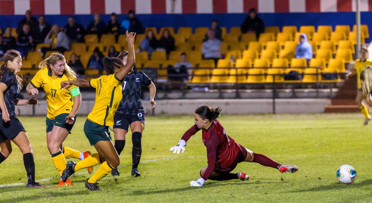 Sheridan Gallagher, No.17, backheels a goal for the Young Matildas against New Zealand at Deakin Stadium in April, 2022. Picture by Sitthixay Ditthavong