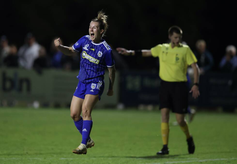 Olympic's Georgia Amess celebrates a goal against Maitland in the NPLW NNSW preliminary final at Darling Street Oval on Saturday. Picture by Sproule Sports Focus