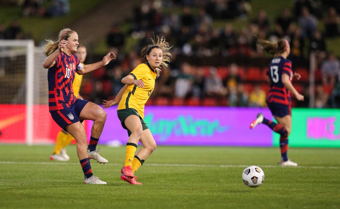 Clare Wheeler, in action for the Matildas in Newcastle in 2021. Picture by Max Mason-Hubers