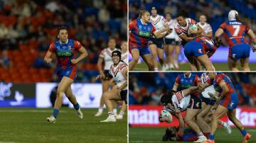 Grace Kukutai in action for the Knights at McDonald Jones Stadium on July 25, 2024. The NRLW debutant wraps up Roosters prop Millie Elliott (top right) and pulls down lock Aliyah Nasio (bottom right). Pictures by Jonathan Carroll