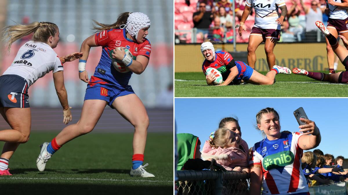 Knights halfback Jesse Southwell (main), captain Hannah Southwell (top right) and soccer star turned NRLW winger Sheridan Gallagher (bottom right). Pictures by Marina Neil and Bernard Humphreys