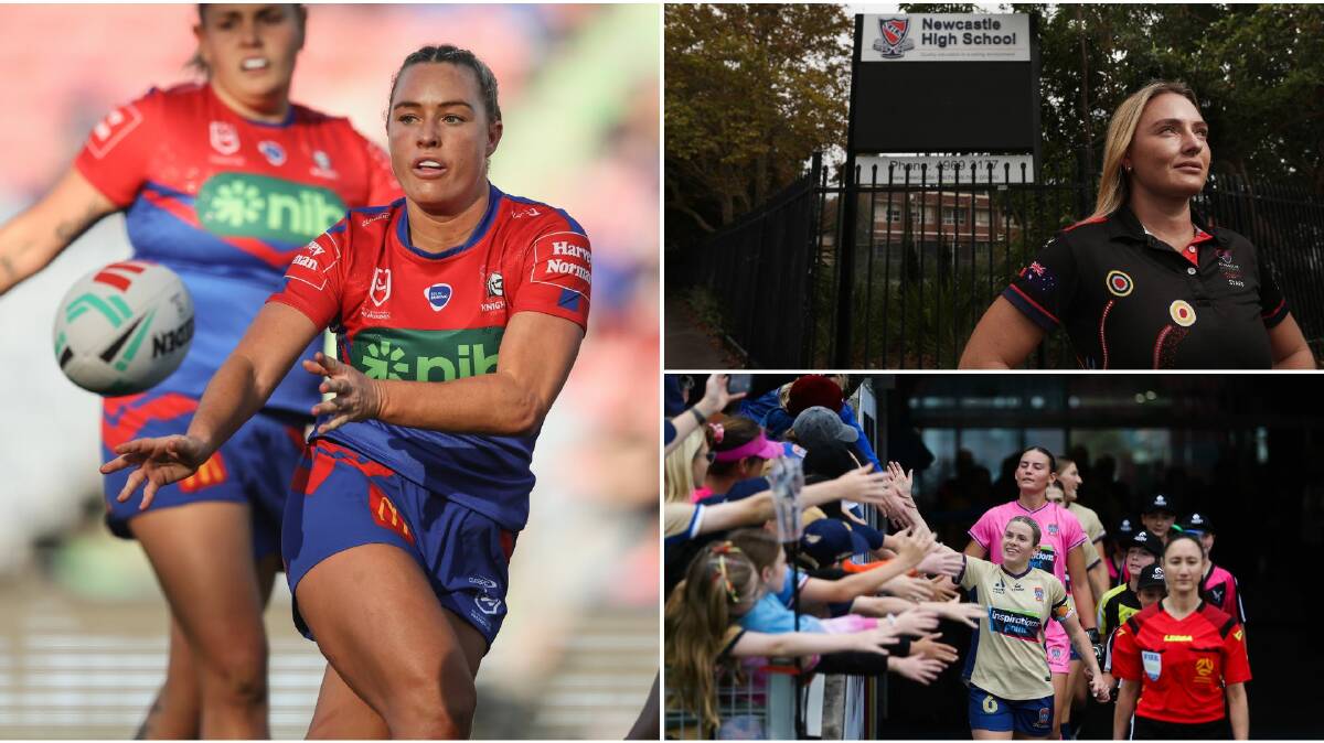 Knights NRLW hooker and school teacher Olivia Higgins (main picture and top right) and Newcastle Jets captain Cassidy Davis (bottom right). Pictures by Marina Neil, Simone De Peak and Jonathan Carroll