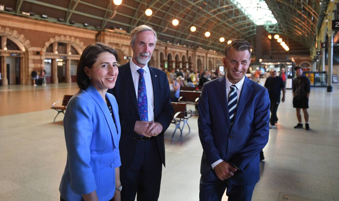 STUDY: Premier Gladys Berejiklian, Professor Andrew McNaughton and Transport Minister Andrew Constance launching the fast rail program at Central station in December, 2018. Picture: AAP