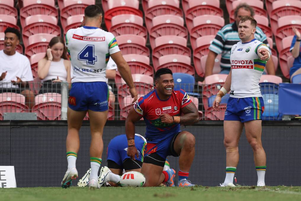 Marzhew after scoring his first try in the first half. The Auckland product joined the Knights from the Titans late last year. Picture Getty Images