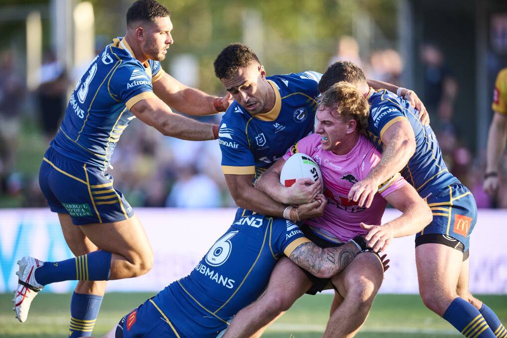 Penrith forward Zac Hosking takes a run in his side's 22-16 trial win over Parramatta last week. Picture Getty Images 